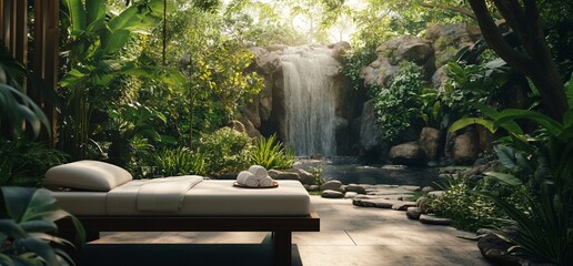 Poster - Serene outdoor spa area with a waterfall and lush greenery.