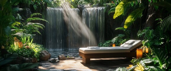 Poster - Serene spa retreat with a waterfall and lounge chair in a lush environment.