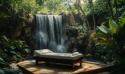 Poster - Serene spa area with a waterfall, surrounded by lush greenery.