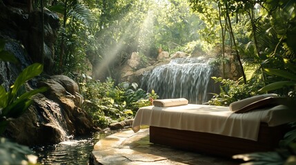 Poster - Serene spa setting in a lush forest with a tranquil waterfall.