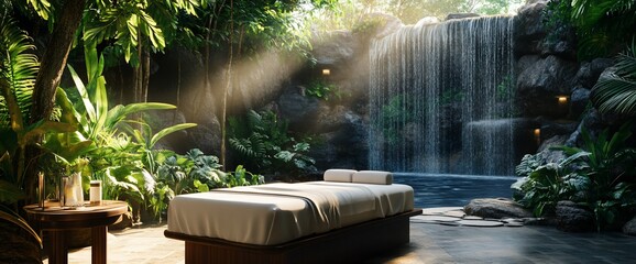 Poster - Serene spa setting with a massage bed near a waterfall in a lush environment.