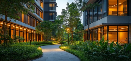 Poster - Serene pathway between modern buildings surrounded by lush greenery.