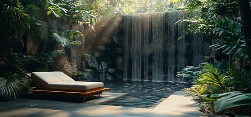 Poster - Serene tropical retreat with a waterfall and lounge chair amidst lush greenery.
