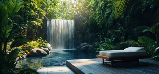 Poster - Serene waterfall surrounded by lush greenery and a relaxing lounge chair.