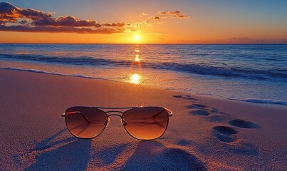 Aufkleber - Sunglasses on the beach at sunset, capturing a serene moment by the ocean.