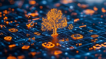 Poster - Digital tree growing on a circuit board, symbolizing technology and nature.
