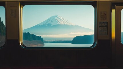 Aufkleber - Scenic view of Mount Fuji from a train window, showcasing nature's beauty.