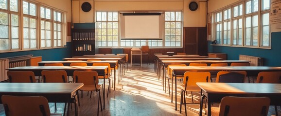 Poster - A bright, empty classroom with desks and a projector screen.