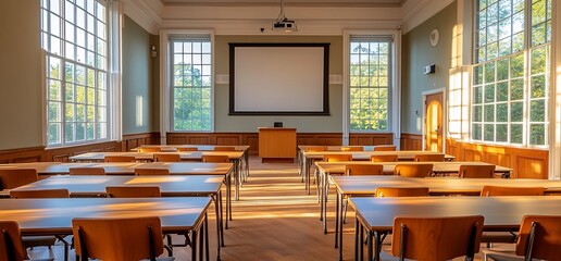 Poster - A bright classroom with rows of desks and a presentation screen.