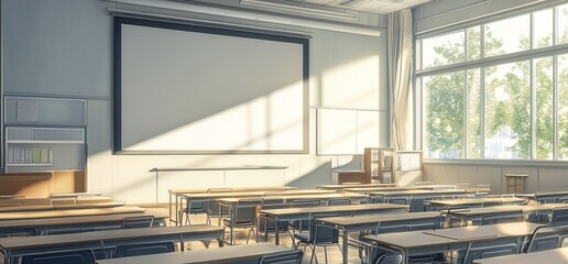 Poster - A bright classroom with desks, a projector screen, and natural light.