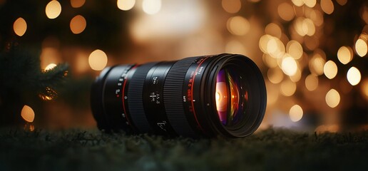 Poster - A camera lens resting on a surface with a blurred, festive background.