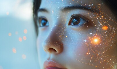 Poster - A close-up of a woman's face with digital effects representing connectivity.