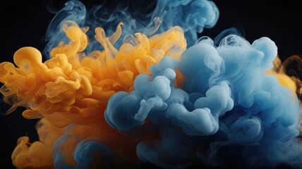 Wall Mural - Blue Yellow and orange contrast Color smoke abstract background. light glowing vapor floating cloud texture