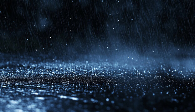 dark background, heavy rain falling down on the asphalt, raindrops, wet ground, blurred background
