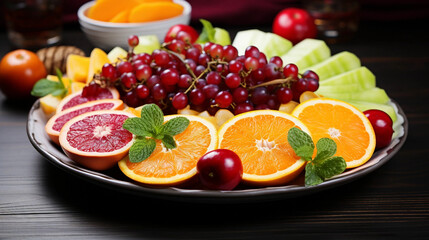 Poster - Delicious Mixed Fruit Plate with Oranges, Grapes, and Pomegranates