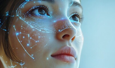 Poster - A futuristic portrait of a woman with digital facial patterns and glowing lines.