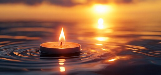 Aufkleber - A lit candle floats on water at sunset, creating a serene atmosphere.