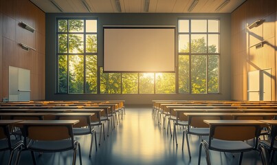 Poster - A modern classroom with rows of desks and large windows showcasing nature.