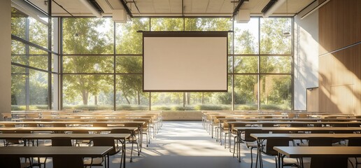Poster - A modern classroom with tables facing a large projection screen.