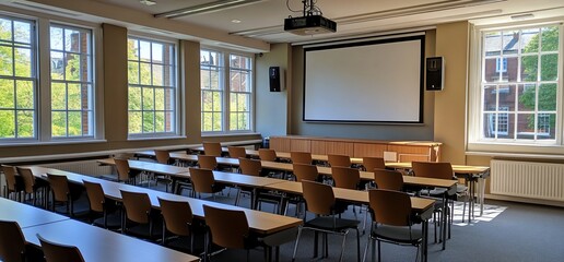 Poster - A modern classroom with rows of desks and a large projection screen.