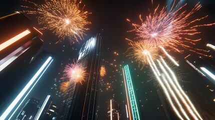 Dynamic 2025 Celebration Fireworks Exploding Over Futuristic City Skyline with Neon Glow, Vibrant Bursts of Color, and Festive Night Atmosphere