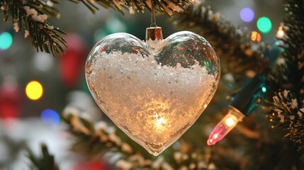 Wall Mural - A heart-shaped glass ornament filled with snow and glitter, hanging from a tree with colorful holiday lights behind