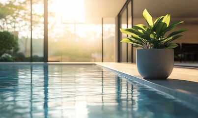 Aufkleber - A serene indoor pool scene with a potted plant and natural light.