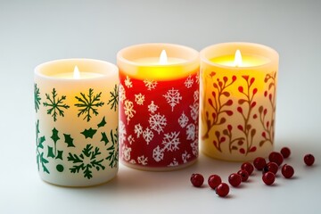 Wall Mural - Decorative candles with winter and holiday motifs arranged on a simple background near festive berries