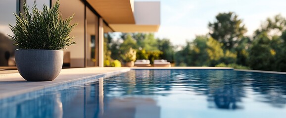 Poster - A serene modern poolside view with lush greenery and a tranquil atmosphere.