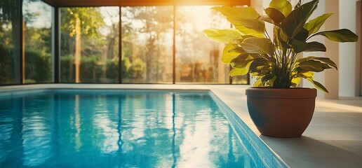 Poster - A serene indoor pool area with natural light and a potted plant.
