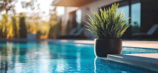 Poster - A serene poolside scene featuring a potted plant and tranquil water.