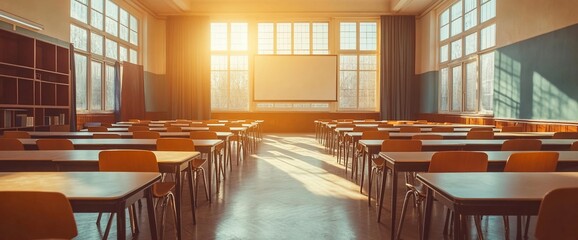 Poster - A sunlit classroom with empty desks and a projection screen.