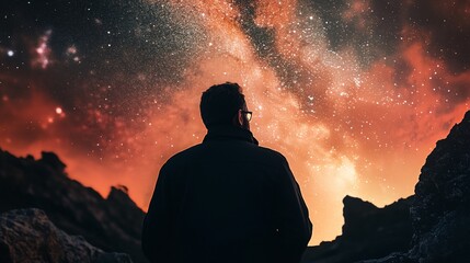 Wall Mural - a man is standing in front of a mountain and looking up at the sky