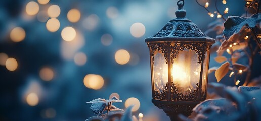 Poster - A vintage lantern glowing in a snowy landscape with warm bokeh lights.