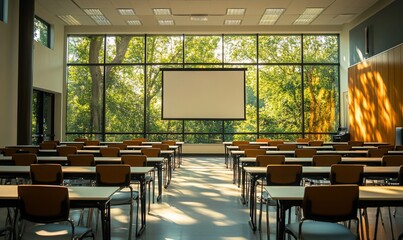 Poster - Bright classroom with large windows overlooking greenery and a projector screen.
