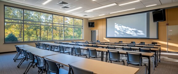 Poster - Modern classroom with large windows and a projector screen for presentations.