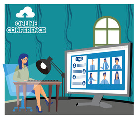 Poster - video conference landing working businessman on window screen taking with colleagues.