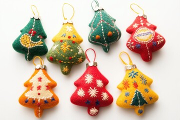 Wall Mural - Colorful handcrafted felt Christmas tree ornaments displayed on a white background