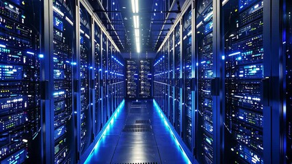 Poster - A massive room filled with multiple rows of servers that are actively processing data, A three-dimensional representation of a large scale server