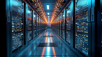 Poster - A long hallway filled with neatly arranged rows of servers, providing efficient data storage and processing capabilities, A three-dimensional representation of a large scale server