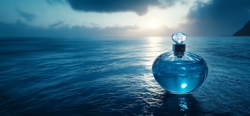 Poster - A blue perfume bottle rests on calm water, reflecting a serene sunset.