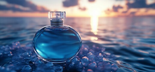 Aufkleber - A blue perfume bottle resting on water with a sunset backdrop.
