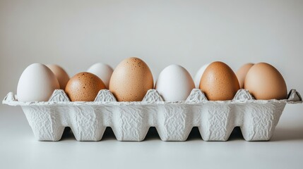 Sticker - A carton of eggs featuring various shades of brown and white eggs arranged neatly.