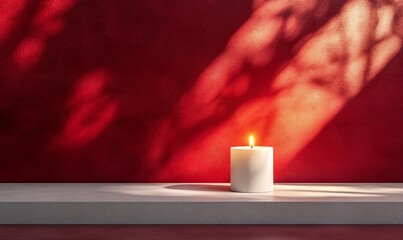 Aufkleber - A lit candle on a minimalist surface against a red wall, creating ambiance.