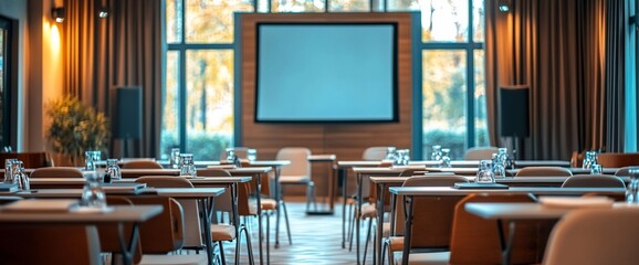 Poster - A modern conference room set up for a meeting or presentation.