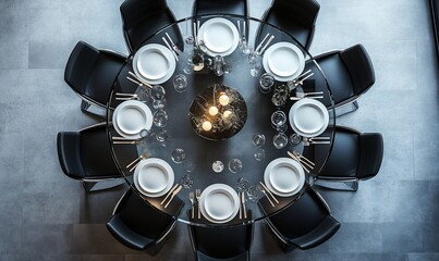 Poster - A modern dining setup with a round glass table and elegant tableware.