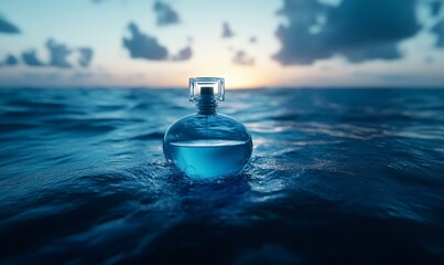 Poster - A perfume bottle floats on ocean water during sunset.