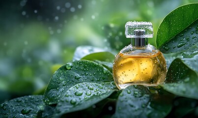 Poster - A perfume bottle on lush green leaves with droplets, symbolizing freshness.