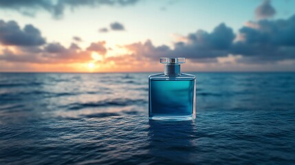 Aufkleber - A perfume bottle rests on water during a colorful sunset.