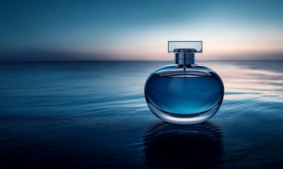 Aufkleber - A serene perfume bottle on a calm ocean surface at sunset.
